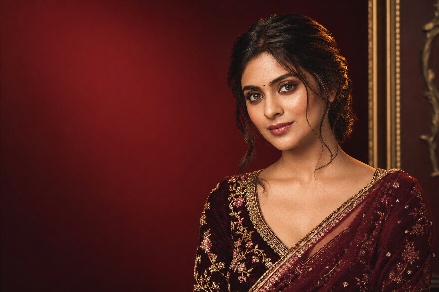 Elegant bridal beauty look in a modern wine-toned studio setting